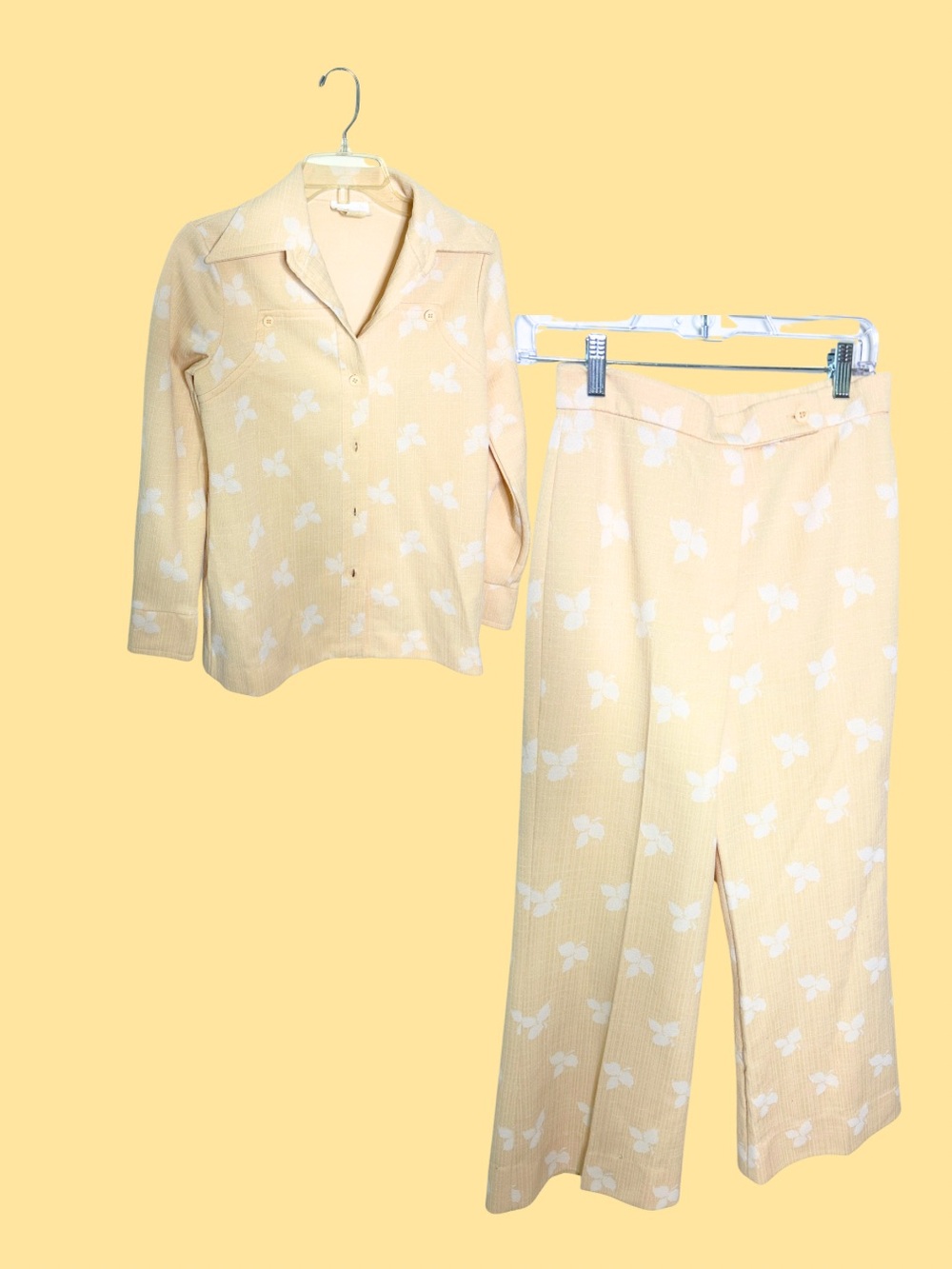 70’s Vintage Two-Piece Yellow Floral suit Set Top: Small : Bottoms XXS